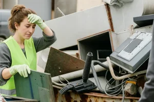 lady wiping her forehead and sorting through rubbish